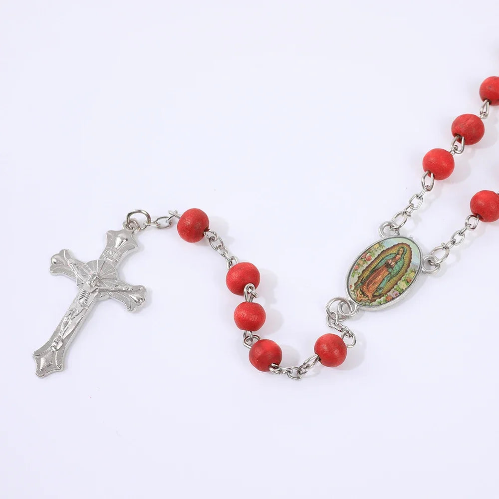 Colar de Rosário de Madeira para Mulheres e Homens, Pingente Religioso Virgem Maria Cruz, Cadeia de Contas Longas, Oração Católica, Jóias Festas, 6mm