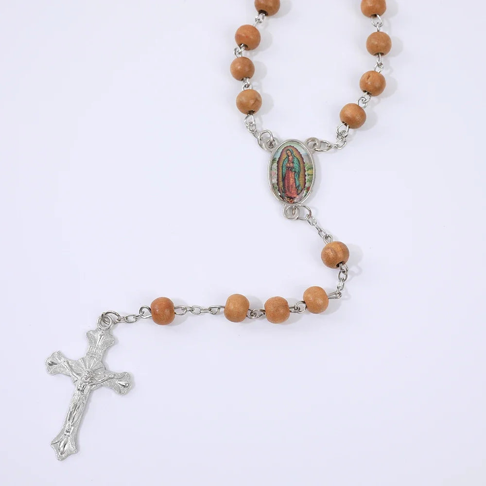 Colar de Rosário de Madeira para Mulheres e Homens, Pingente Religioso Virgem Maria Cruz, Cadeia de Contas Longas, Oração Católica, Jóias Festas, 6mm