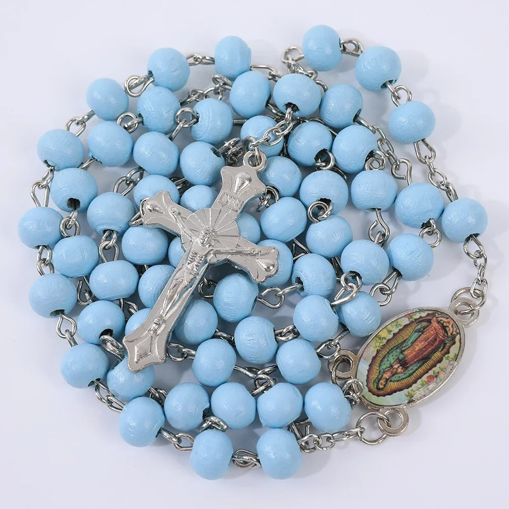 Colar de Rosário de Madeira para Mulheres e Homens, Pingente Religioso Virgem Maria Cruz, Cadeia de Contas Longas, Oração Católica, Jóias Festas, 6mm