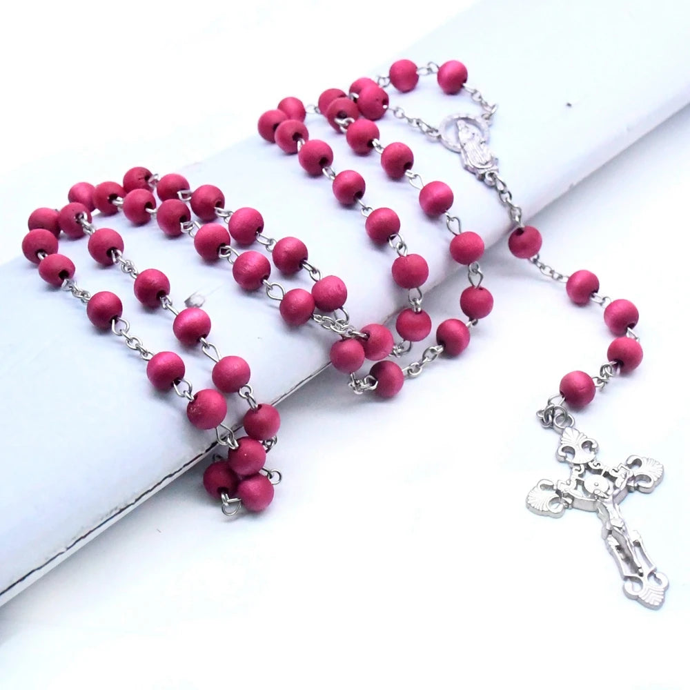 Terço de Nossa Senhora das Graças com Contas Vermelhas de Madeira 82cm
