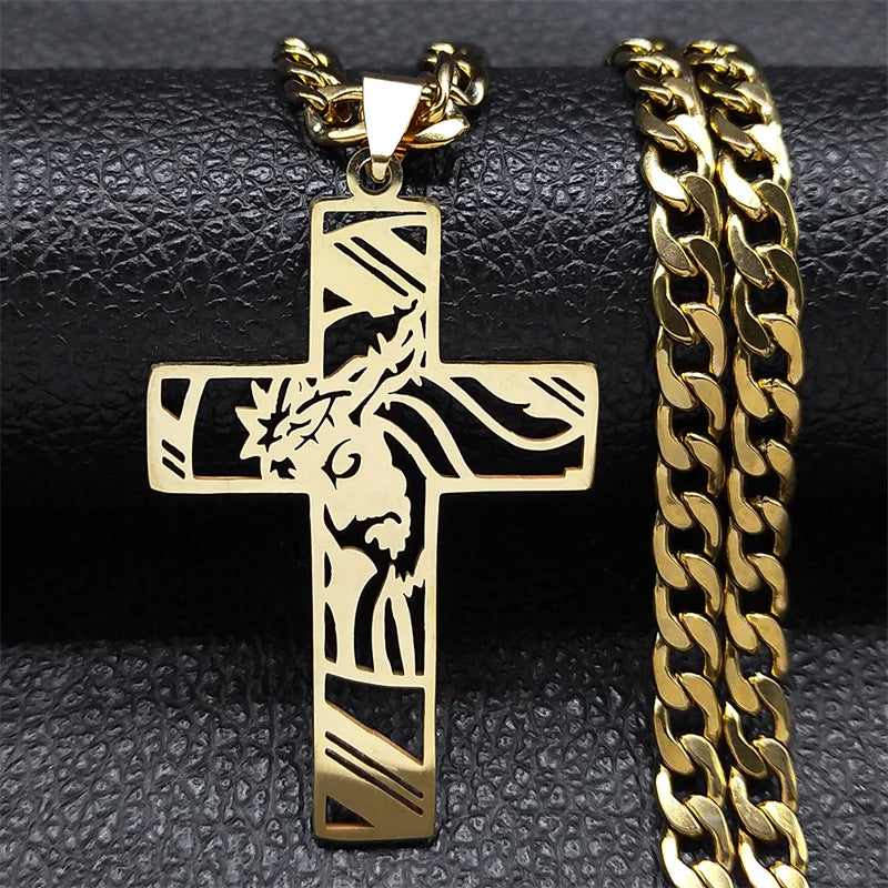 Colar de pingente Jesus Cruz em aço inoxidável para homens, colares crucifixos banhados a ouro, coroa de espinhos punk, jóias Hip Hop, N8052