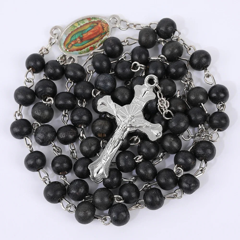 Colar de Rosário de Madeira para Mulheres e Homens, Pingente Religioso Virgem Maria Cruz, Cadeia de Contas Longas, Oração Católica, Jóias Festas, 6mm