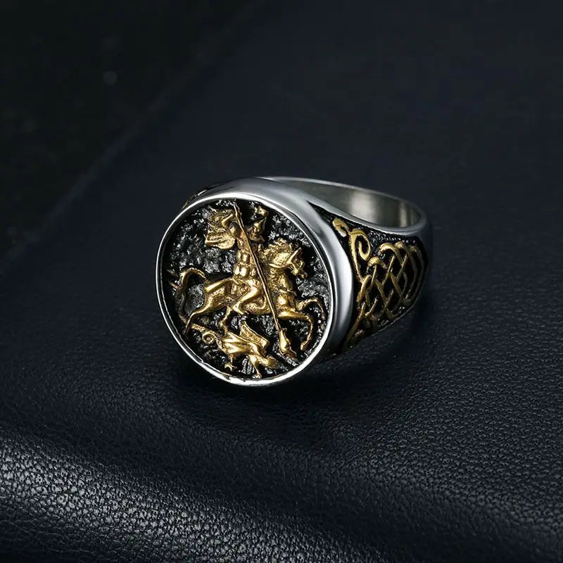 Anel Masculino São Jorge em Aço Inoxidável 316L Prata e Dourado