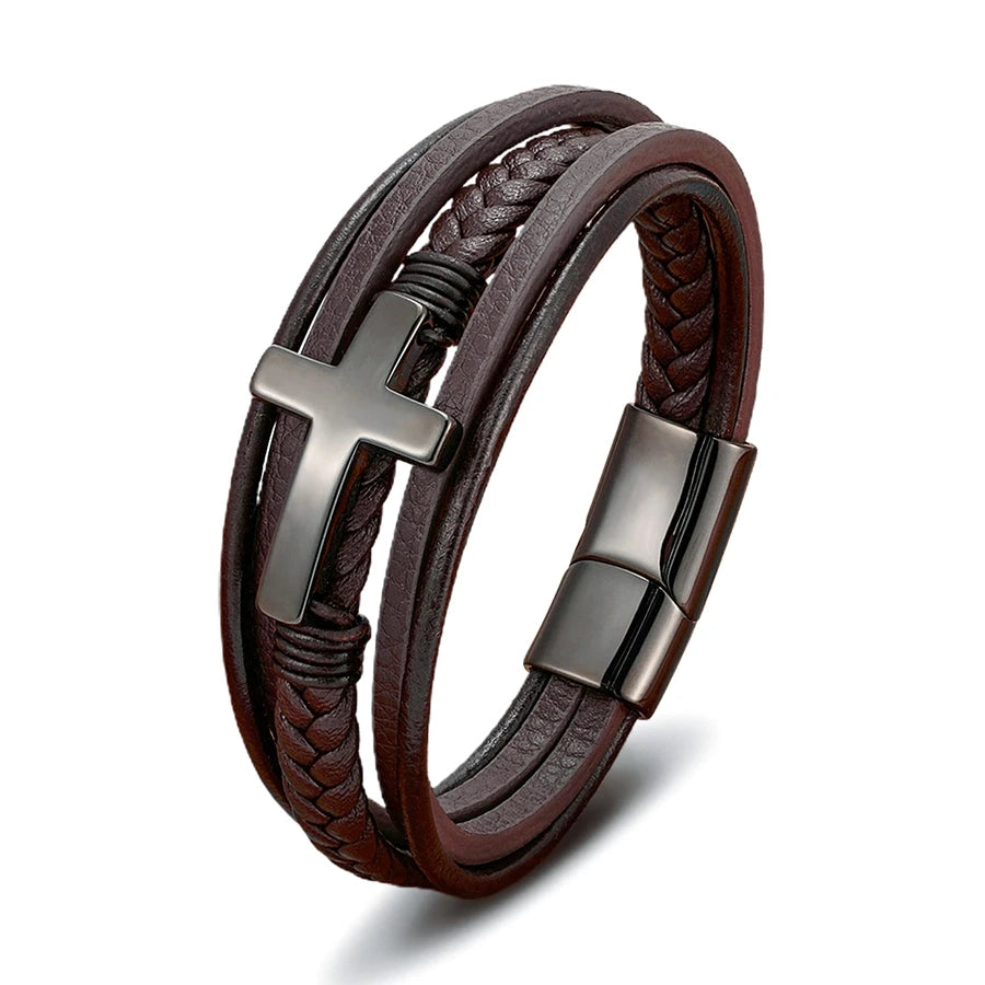 Pulseira Masculina de Couro com Cruz Sagrado Estilo