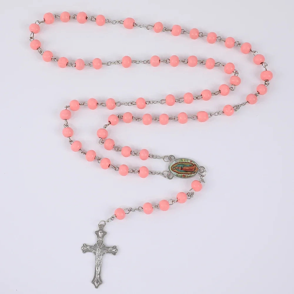 Colar de Rosário de Madeira para Mulheres e Homens, Pingente Religioso Virgem Maria Cruz, Cadeia de Contas Longas, Oração Católica, Jóias Festas, 6mm