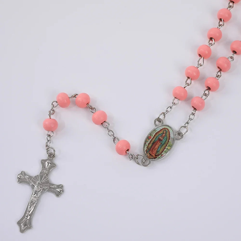 Colar de Rosário de Madeira para Mulheres e Homens, Pingente Religioso Virgem Maria Cruz, Cadeia de Contas Longas, Oração Católica, Jóias Festas, 6mm