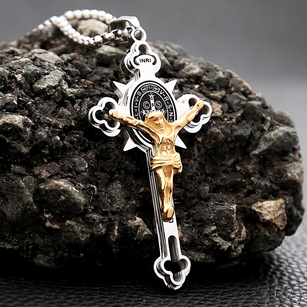 Colar Masculino com Cruz de São Bento em Aço Inoxidável 316L