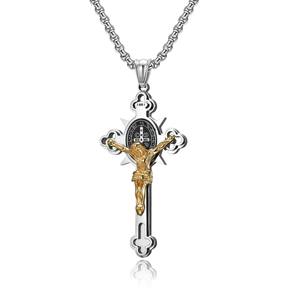 Colar Masculino com Cruz de São Bento em Aço Inoxidável 316L