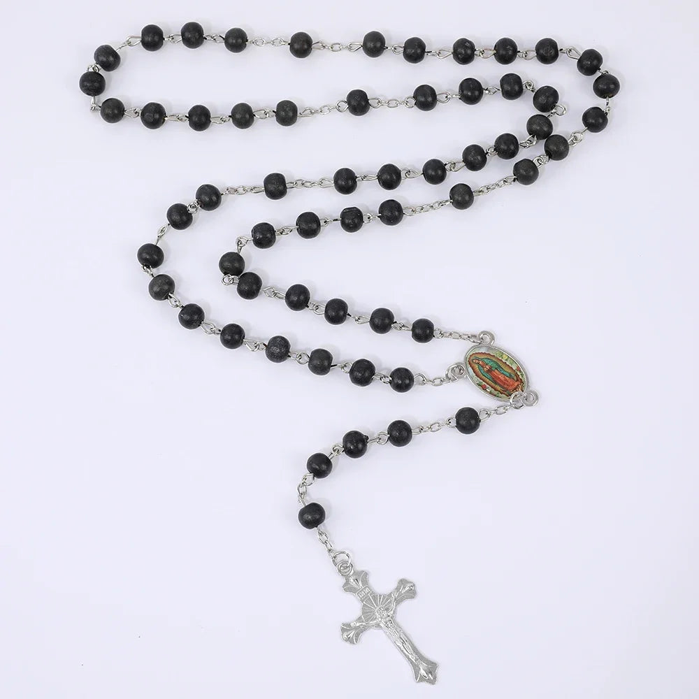 Colar de Rosário de Madeira para Mulheres e Homens, Pingente Religioso Virgem Maria Cruz, Cadeia de Contas Longas, Oração Católica, Jóias Festas, 6mm