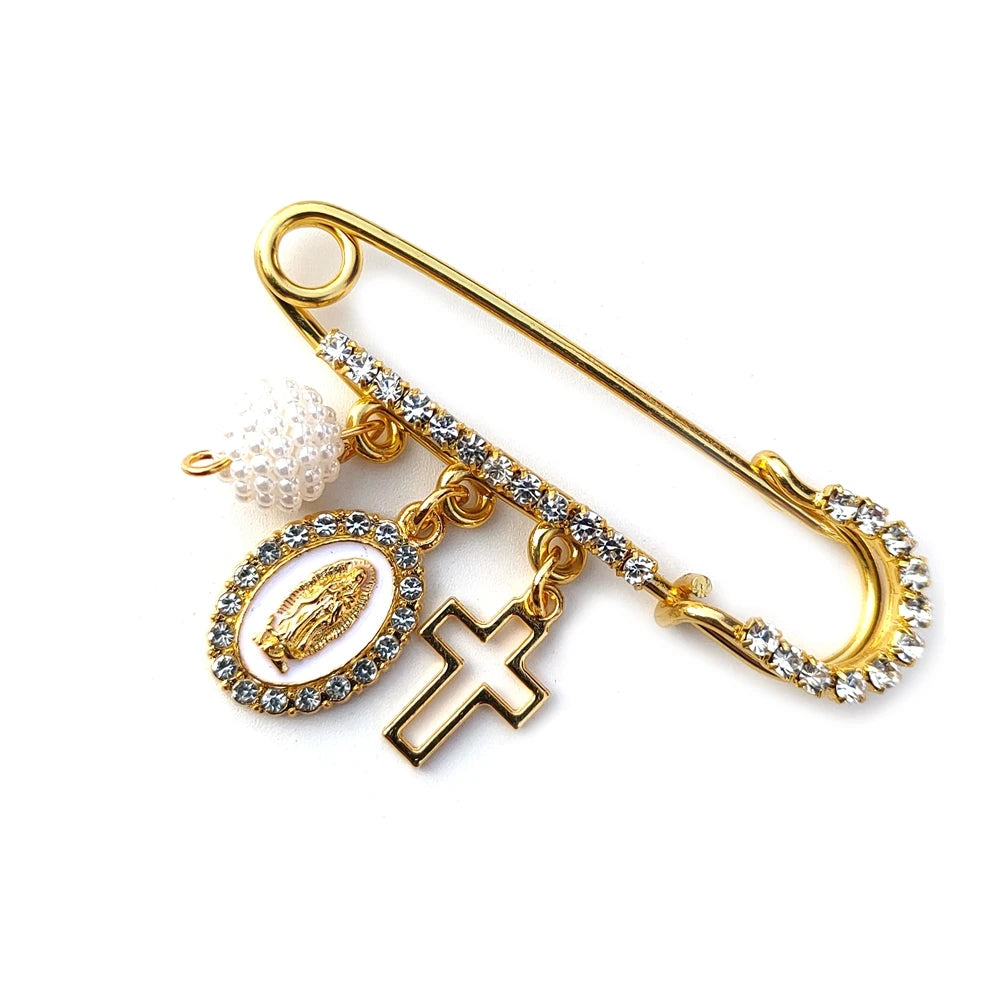 Broche de Roupa com Pingente de Guadalupe e Cruz