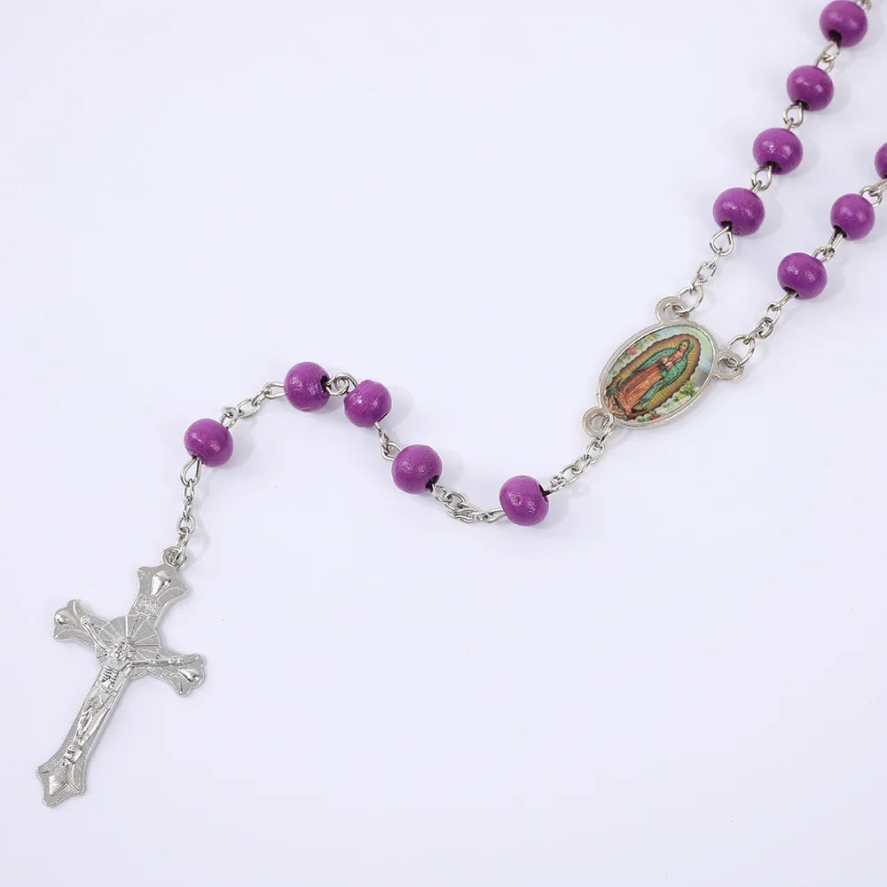 Colar de Rosário de Madeira para Mulheres e Homens, Pingente Religioso Virgem Maria Cruz, Cadeia de Contas Longas, Oração Católica, Jóias Festas, 6mm