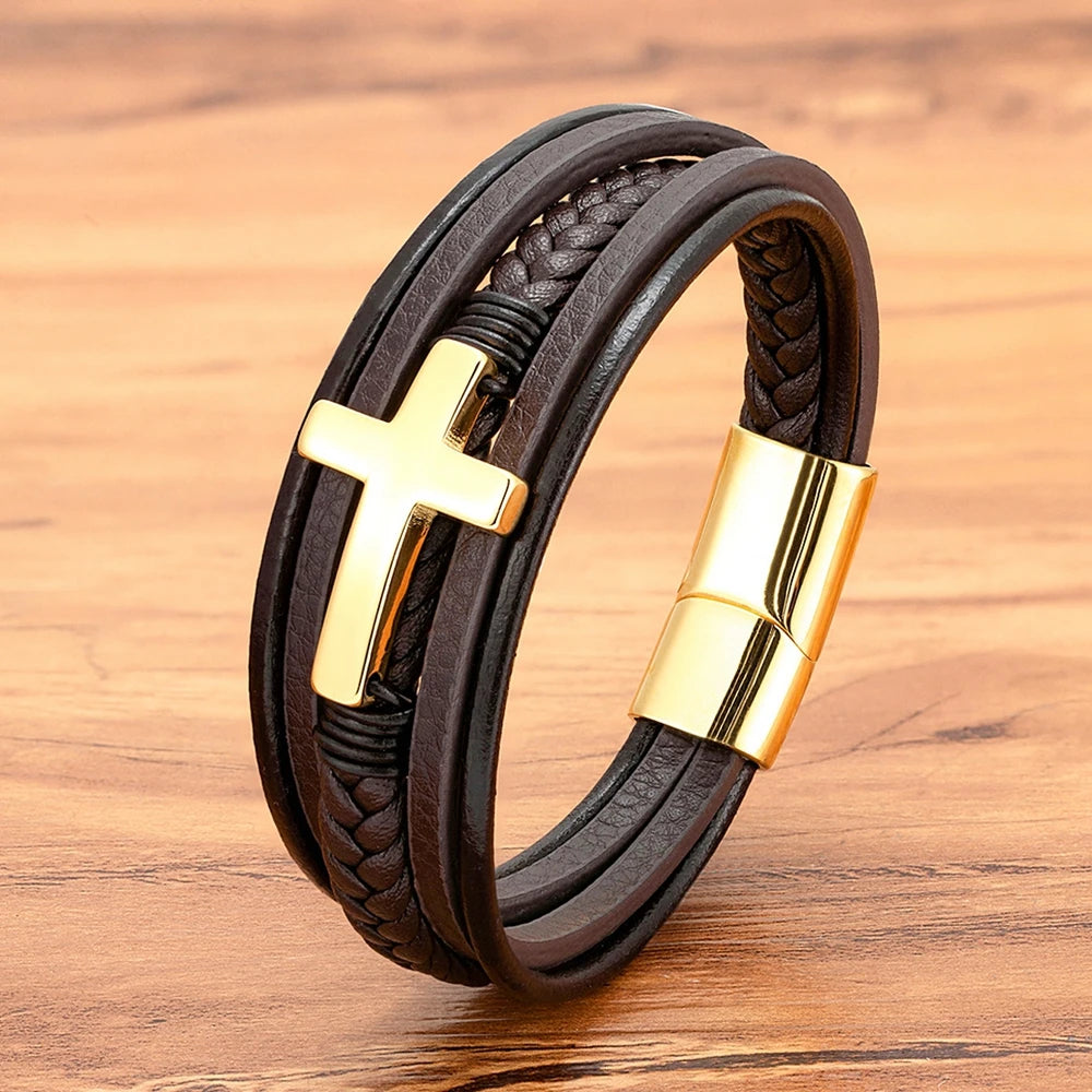 Pulseira Masculina de Couro com Cruz Sagrado Estilo