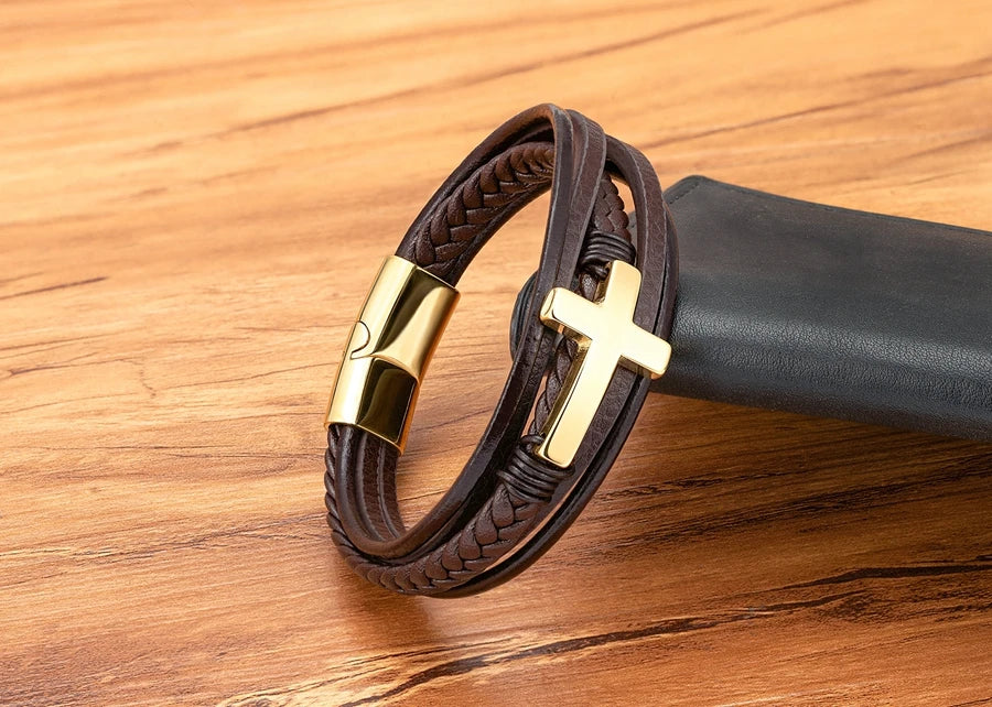 Pulseira Masculina de Couro com Cruz Sagrado Estilo