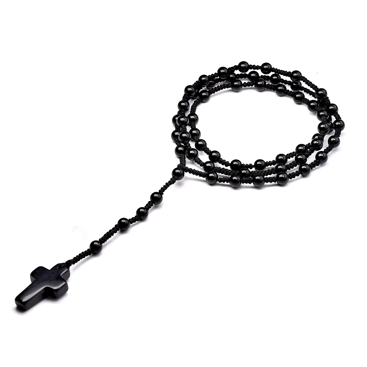 Conjunto Terço e Pulseira de Ágata Negra com Pingente de Cruz