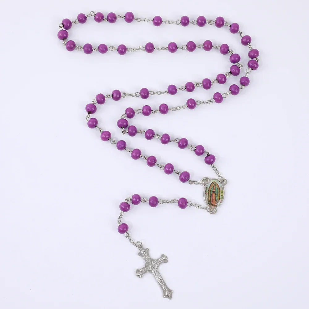 Colar de Rosário de Madeira para Mulheres e Homens, Pingente Religioso Virgem Maria Cruz, Cadeia de Contas Longas, Oração Católica, Jóias Festas, 6mm
