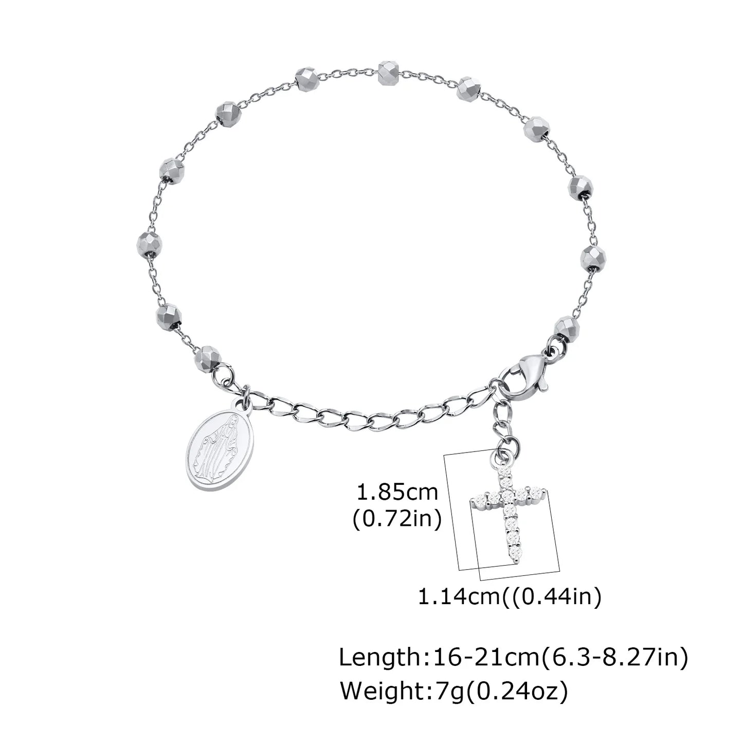 Pulseira de rosário de cruz de zircônia cúbica para mulheres, elo ajustável de maria de aço inoxidável, presente de joia religiosa