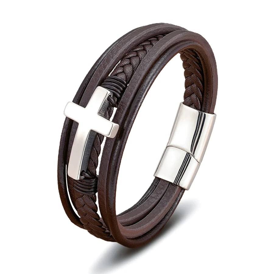 Pulseira Masculina de Couro com Cruz Sagrado Estilo