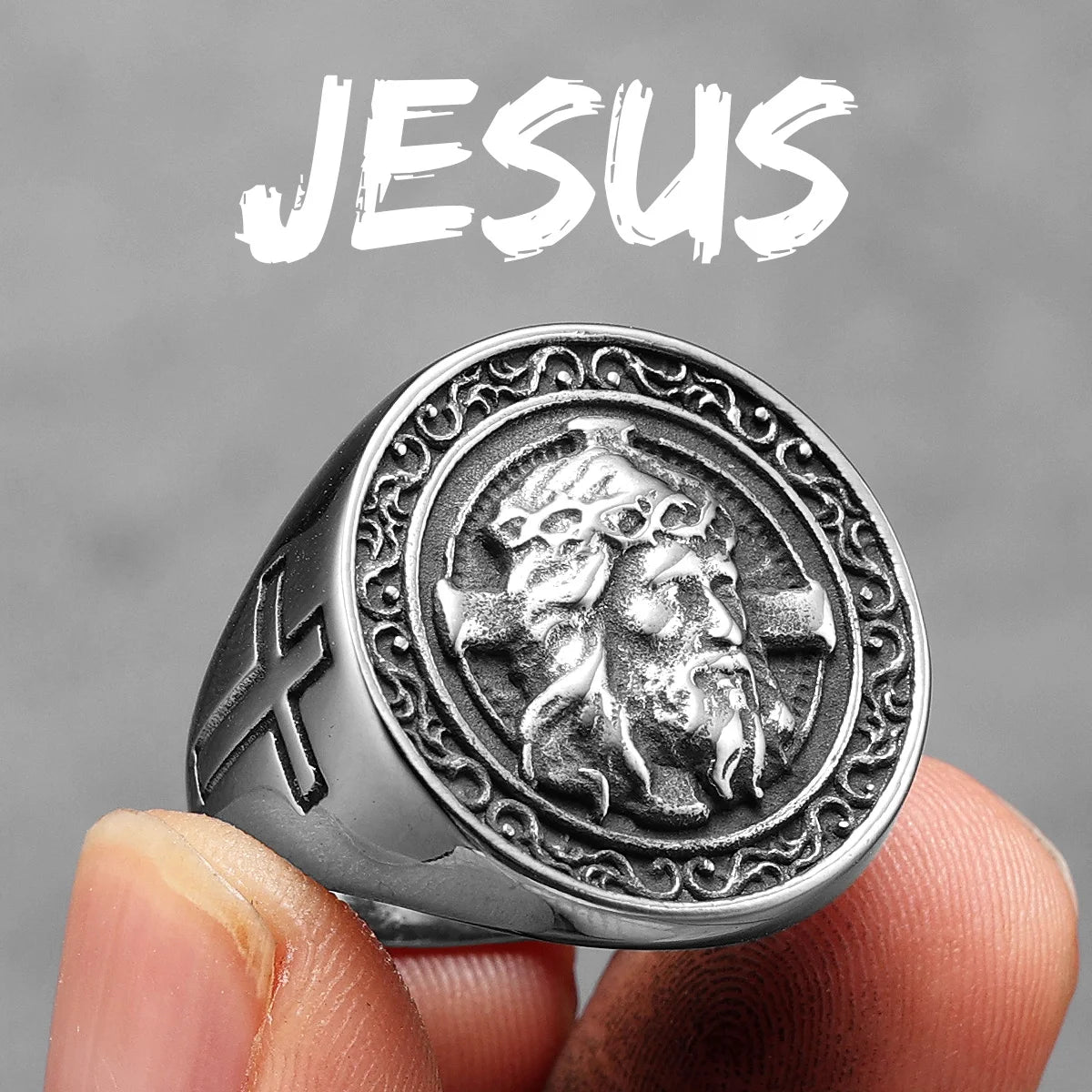 Anel Masculino Prateado Jesus em Aço Inoxidável 316L