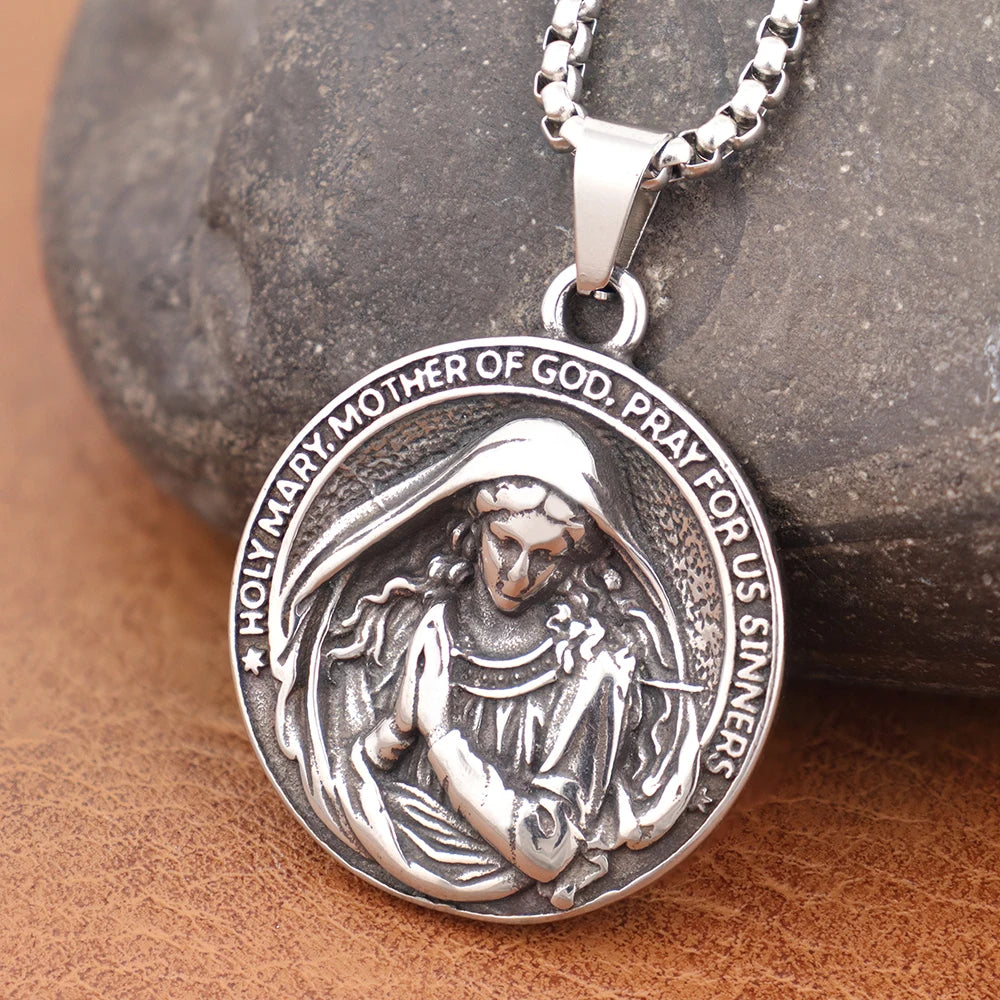 Colar Masculino de Aço Inoxidável Santa Maria Mãe de Deus