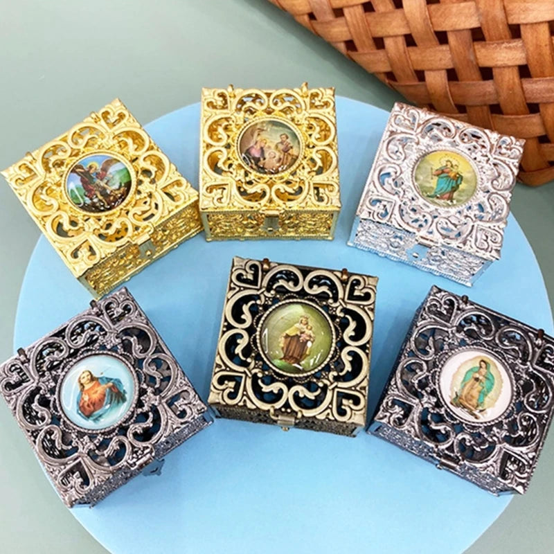 Caixa rosário com miçangas, colar metal, caixa joias religiosas católicas cristãs, armazenamento