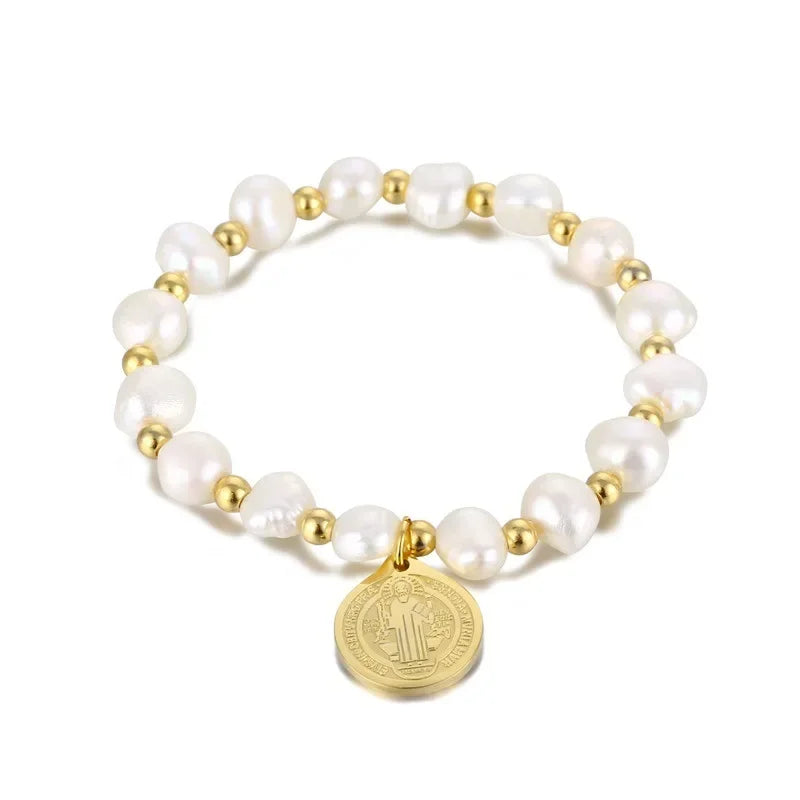 Pulseira Medalha São Bento com Pérolas Naturais