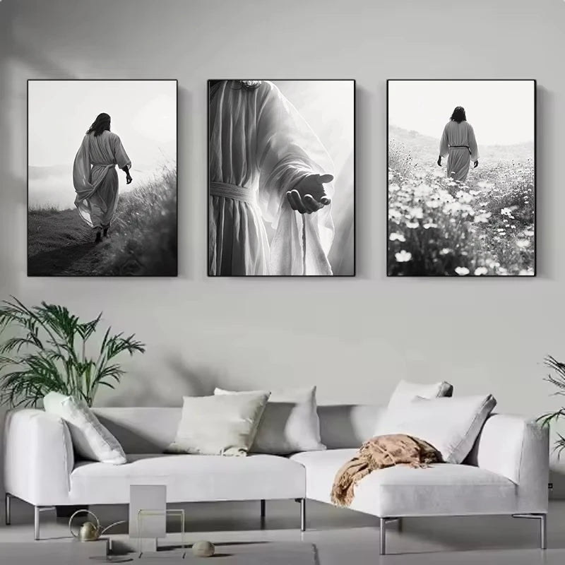 Preto e branco jesus fé cruz na colina cartaz impressão pintura em tela moderna religiosa arte da parede imagem para sala decoração casa