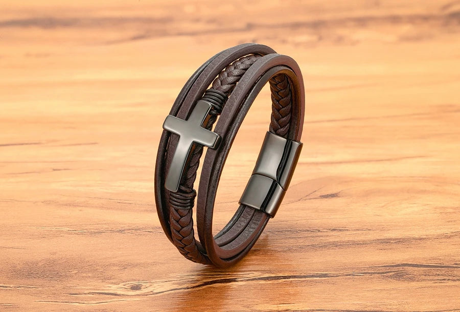 Pulseira Masculina de Couro com Cruz Sagrado Estilo