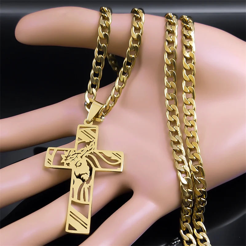 Colar Crucifixo Jesus em Aço Inoxidável Banhado a Ouro