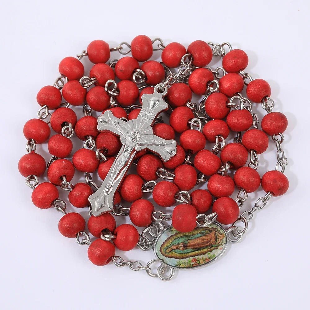 Colar de Rosário de Madeira para Mulheres e Homens, Pingente Religioso Virgem Maria Cruz, Cadeia de Contas Longas, Oração Católica, Jóias Festas, 6mm