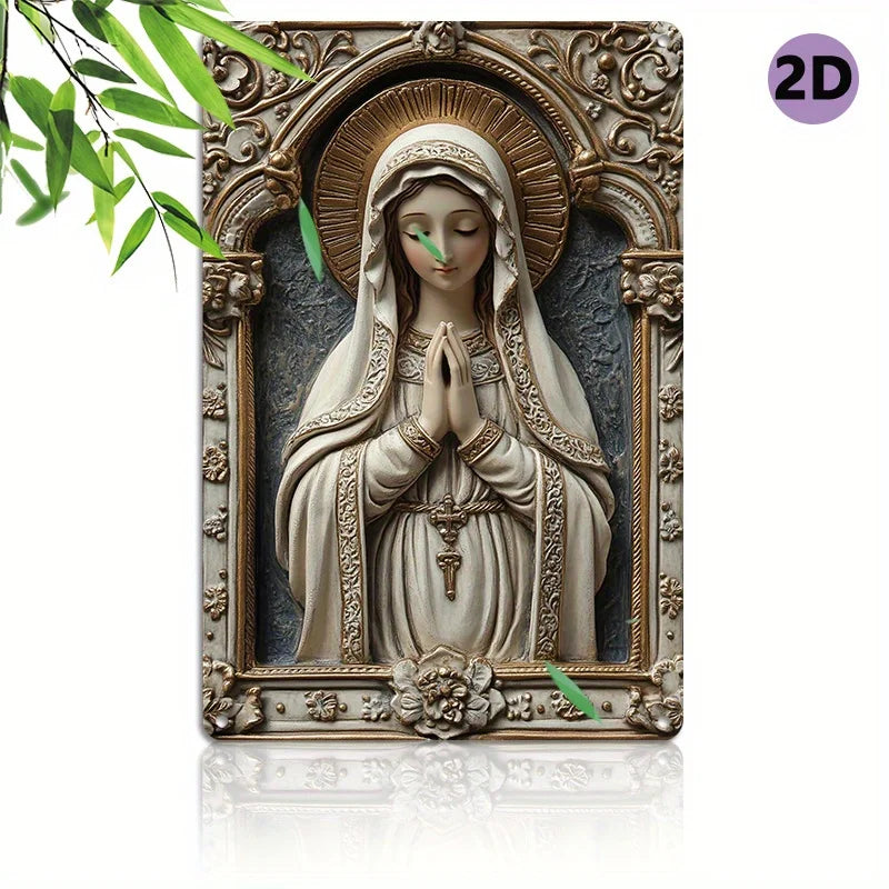Placa Decorativa Virgem Maria Branco e Dourado