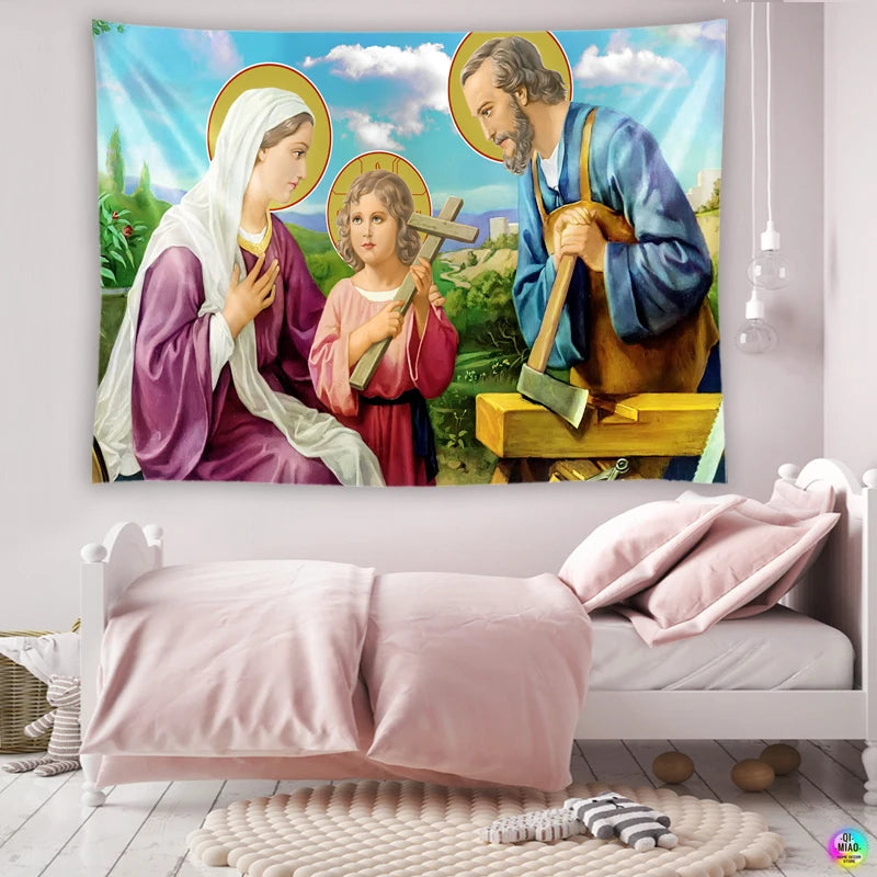 Santa família tapeçarias decoração de parede natal abençoar crianças crentes cristãos sábios pendurado na parede páscoa cristo decoração para casa