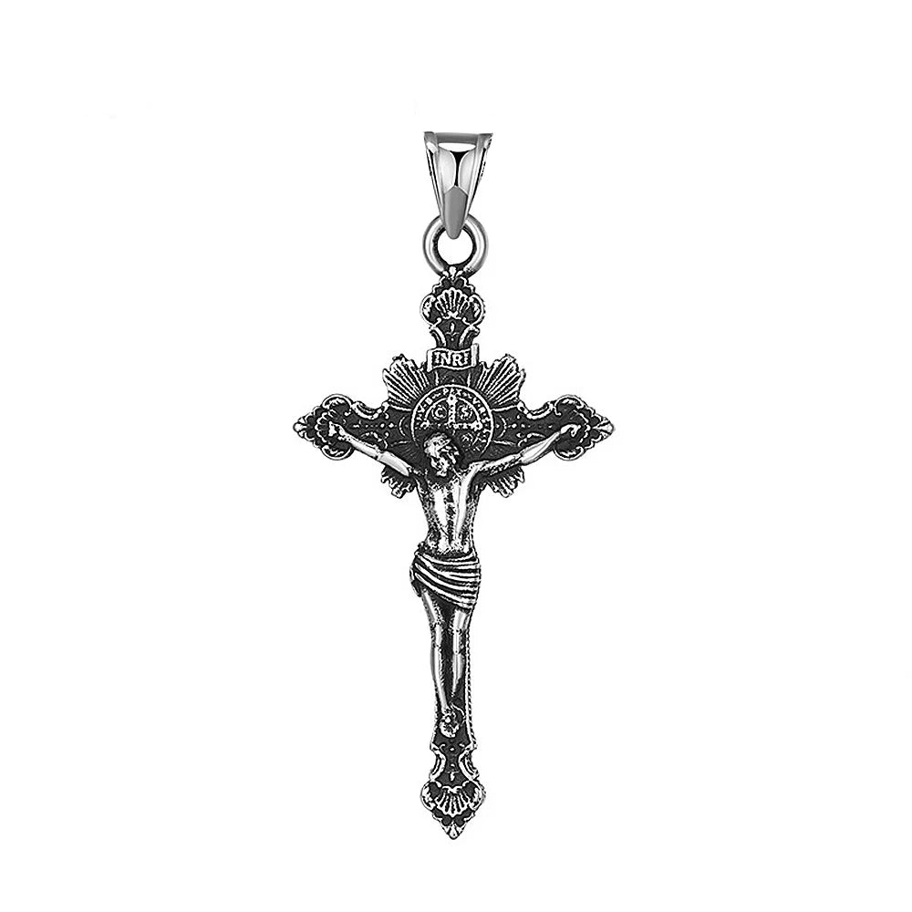 Colar Masculino Vintage Cruz de São Bento em Aço Inoxidável 316L
