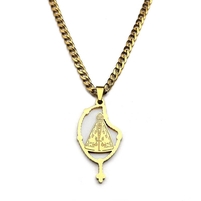 Colar Aparecida com Terço em Aço Inoxidável Dourado/Prateado