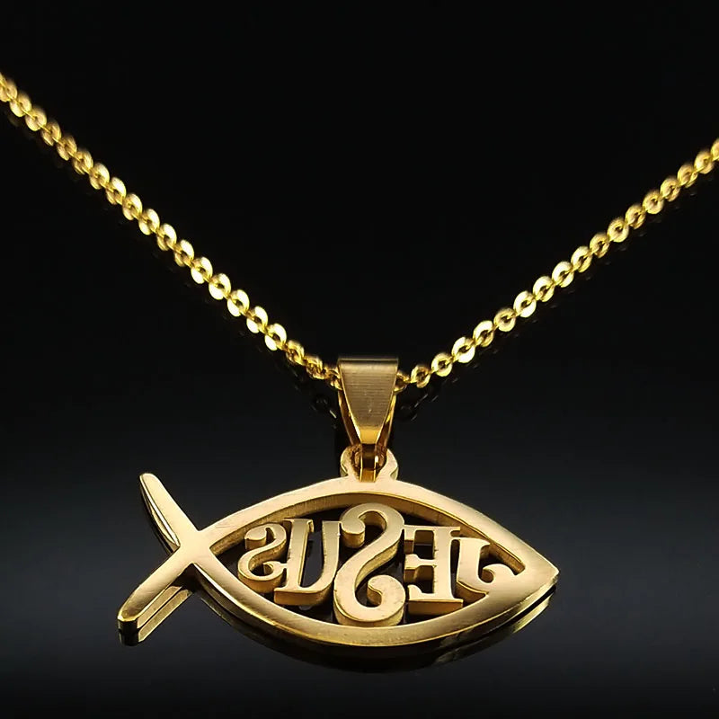 Colar Ichthys Cristão de Aço Inoxidável - Dourado