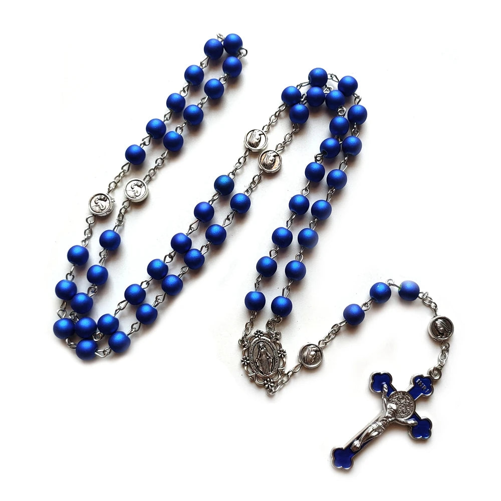 Terço Azul com Entremeio de Nossa Senhora das Graças e Cruz de São Bento