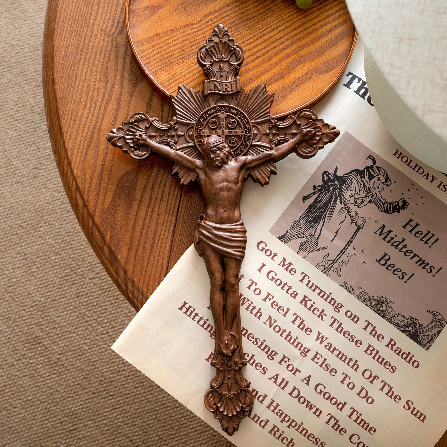 Escultura em madeira de cruz de exorcismo de São Bento, oração de altar católico, cruz de madeira, artesanato de decoração sagrada, presente religioso