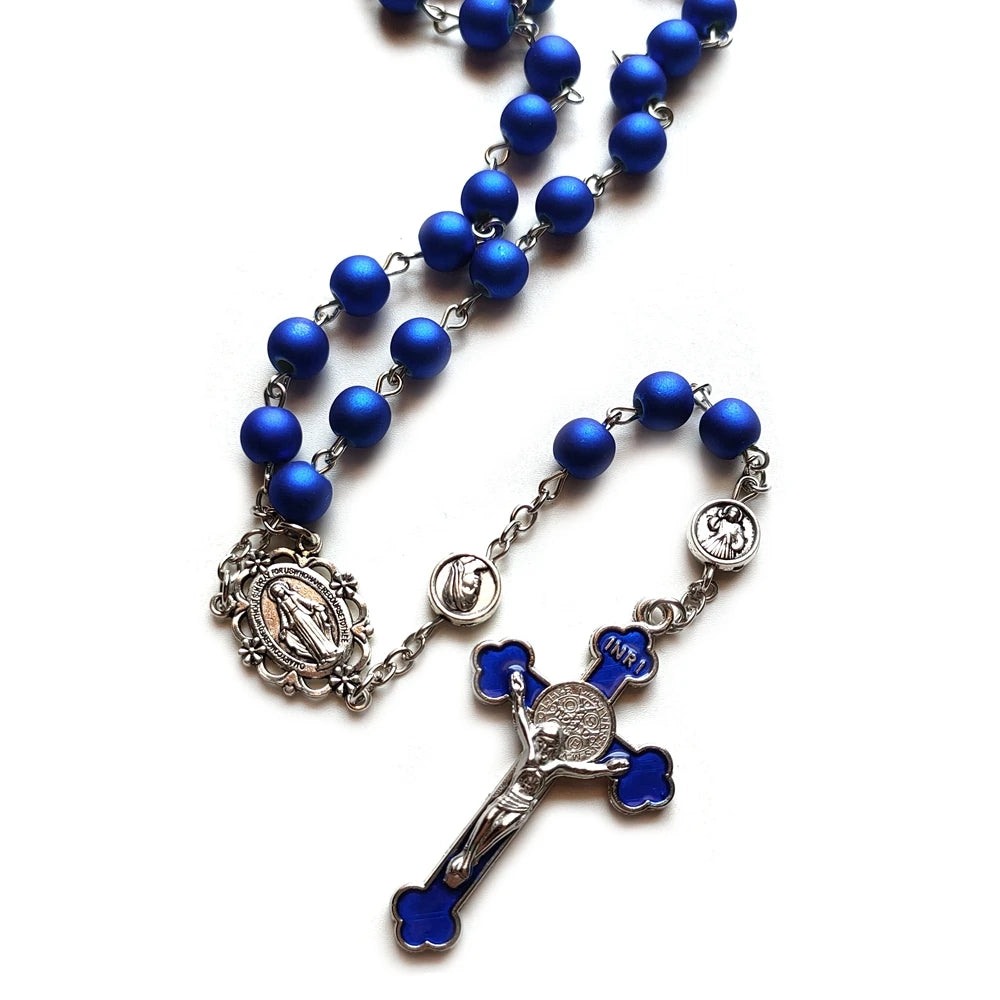 Terço Azul com Entremeio de Nossa Senhora das Graças e Cruz de São Bento