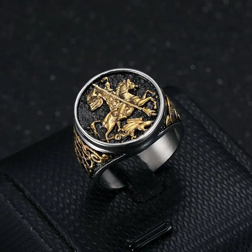 Anel Masculino São Jorge em Aço Inoxidável 316L Prata e Dourado