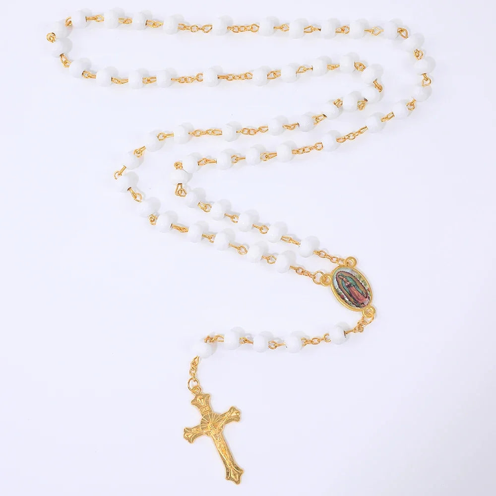 Colar de Rosário de Madeira para Mulheres e Homens, Pingente Religioso Virgem Maria Cruz, Cadeia de Contas Longas, Oração Católica, Jóias Festas, 6mm