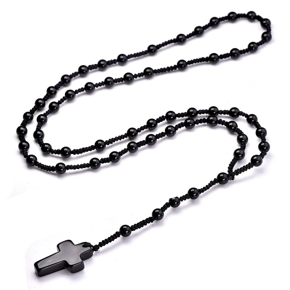 Conjunto Terço e Pulseira de Ágata Negra com Pingente de Cruz