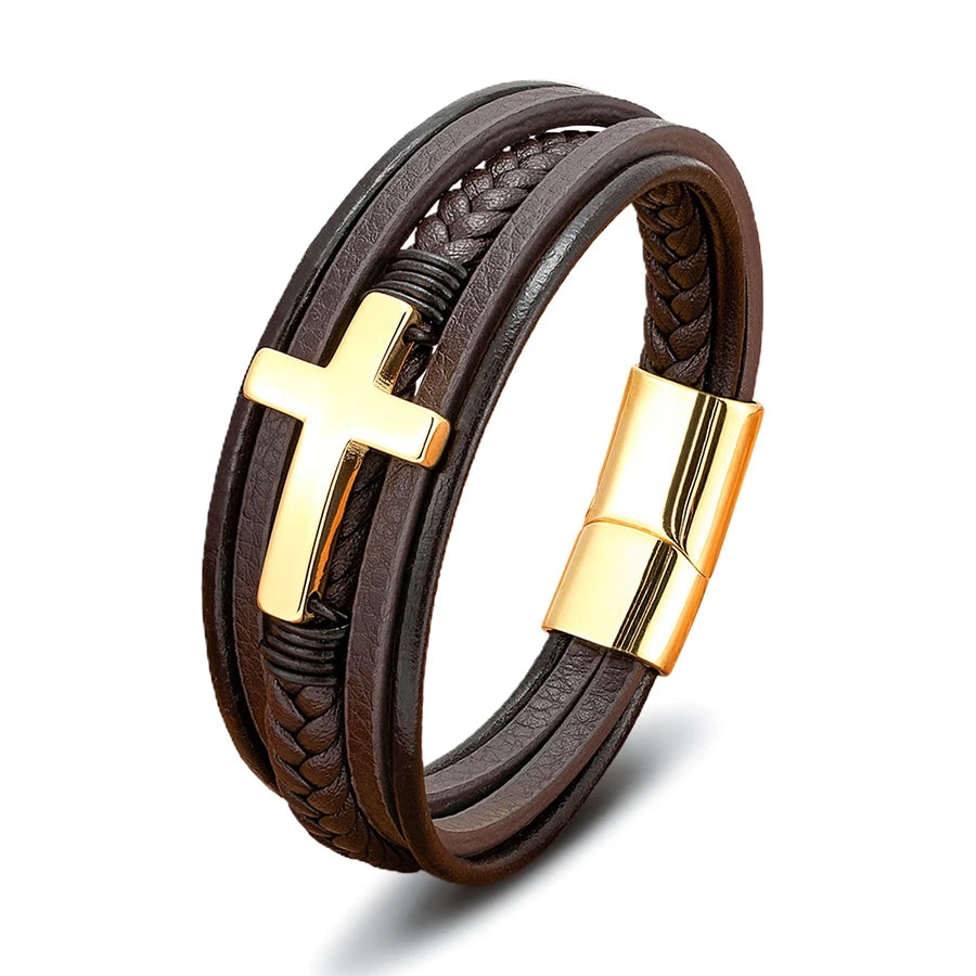 Pulseira Masculina de Couro com Cruz Sagrado Estilo
