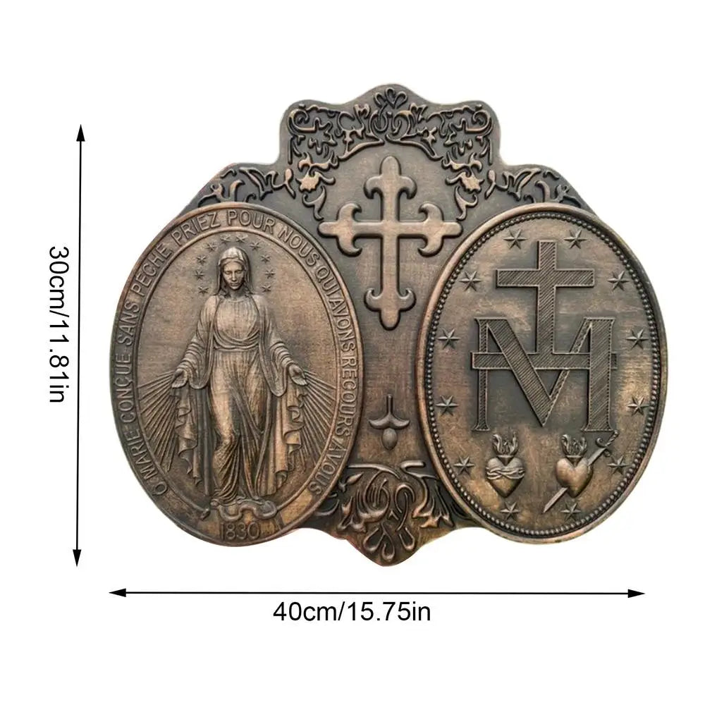 Esculturas Medalha Milagrosa e Nossa Senhora de Fátima em Madeira 30x40cm