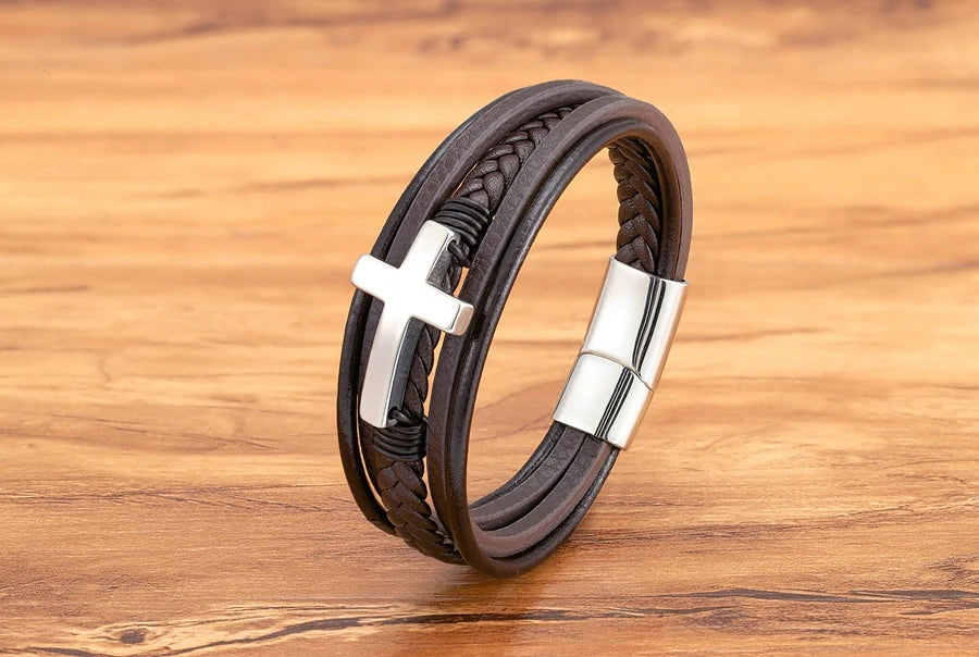 Pulseira Masculina de Couro com Cruz Sagrado Estilo
