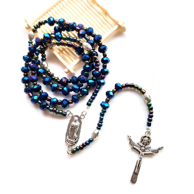 Terço Nossa Senhora de Guadalupe com Contas de Cristais Azuis
