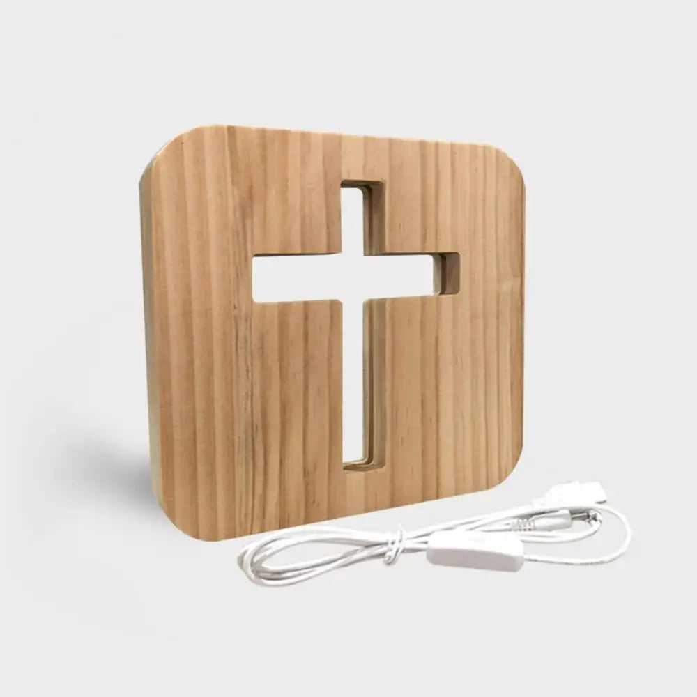 Luminária de Mesa Cruz 3D em Madeira com LED USB