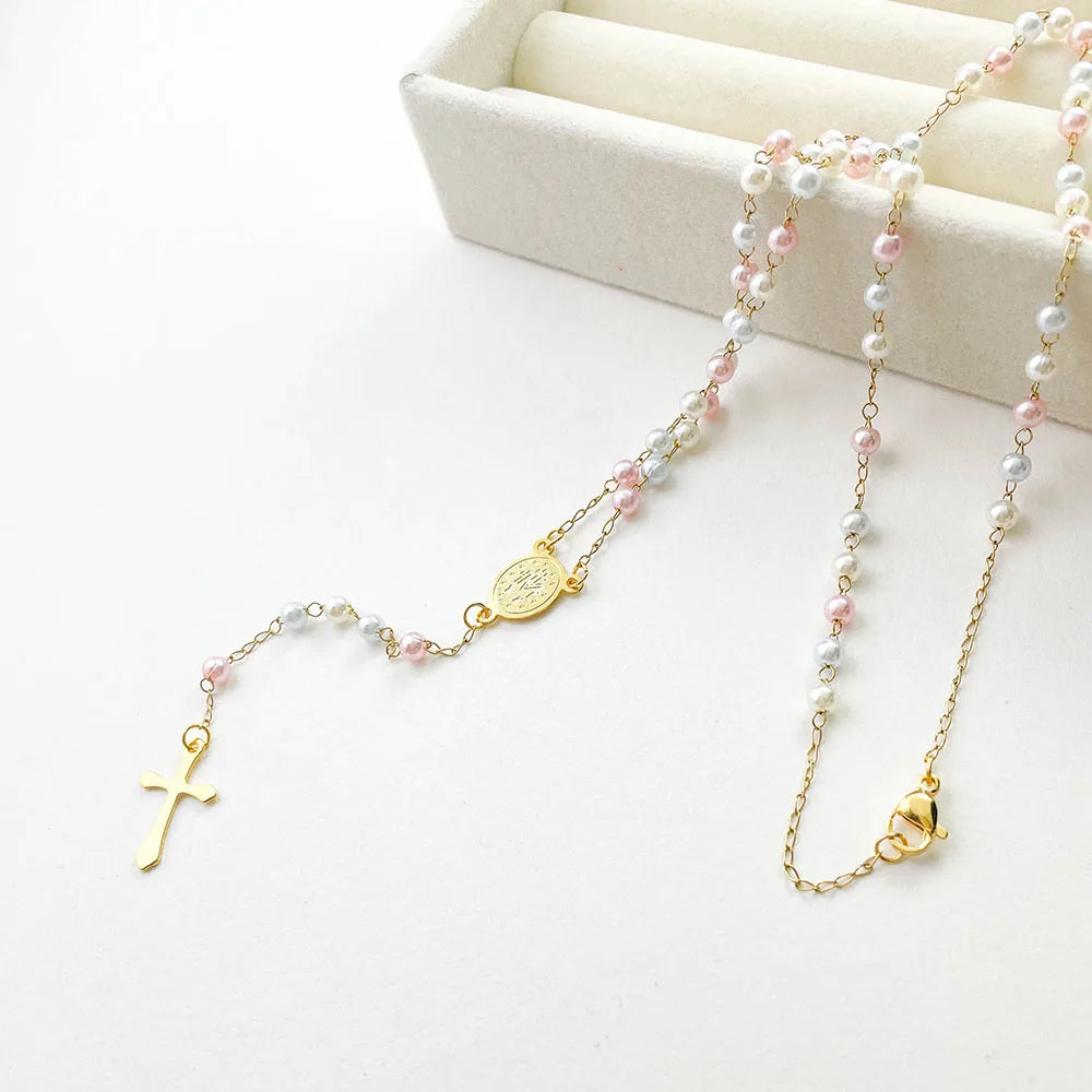 Aço inoxidável Y Forma Beads Cadeia para Mulheres, Cor do Ouro, Virgem Maria, Cruz, Rosário, Colar Longo, Jóias das Meninas, Spiriti Pray