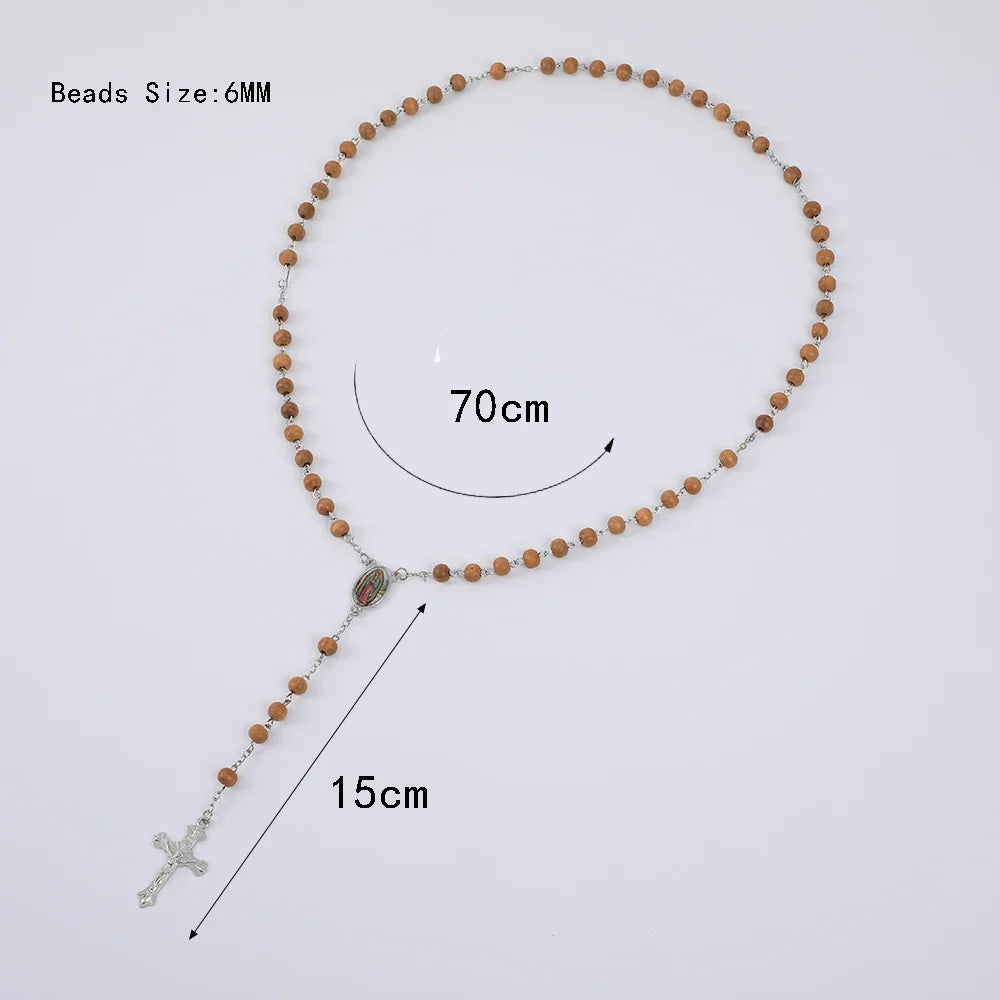 Colar de Rosário de Madeira para Mulheres e Homens, Pingente Religioso Virgem Maria Cruz, Cadeia de Contas Longas, Oração Católica, Jóias Festas, 6mm