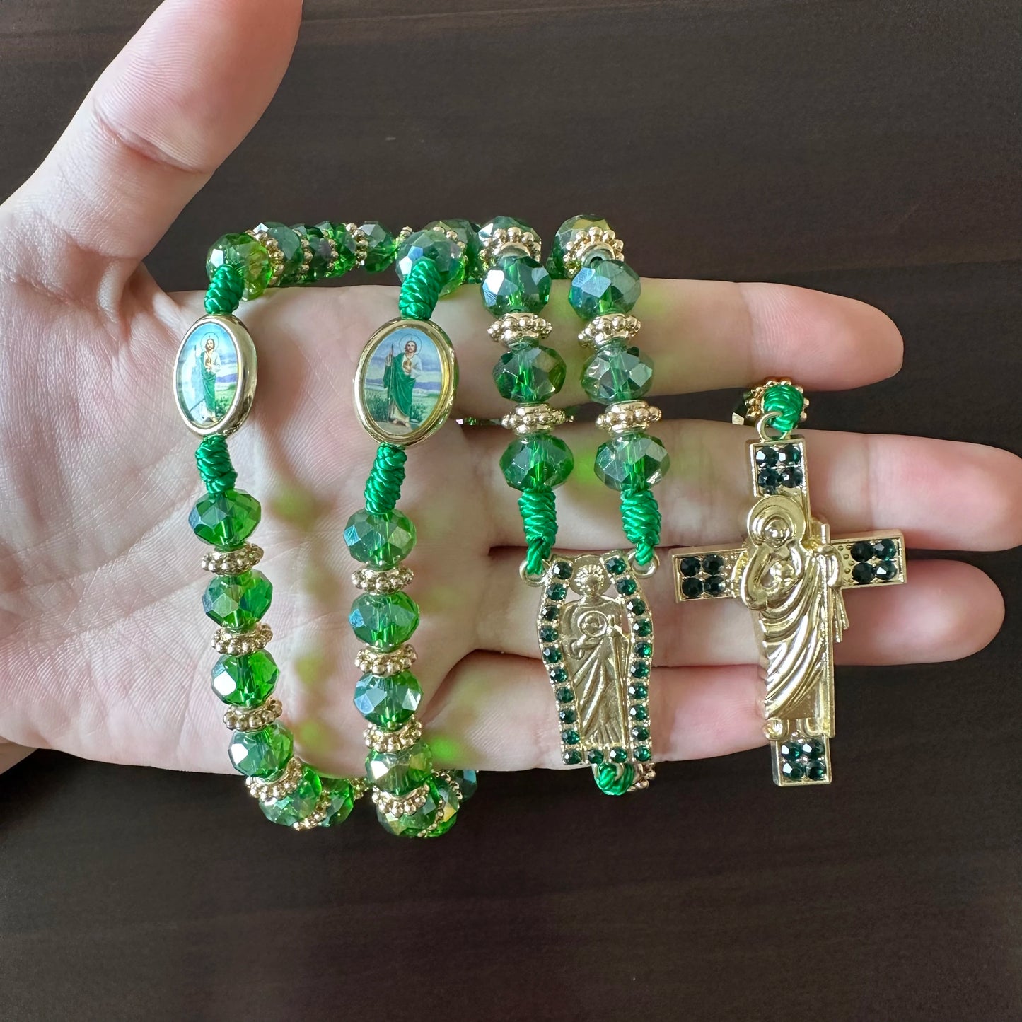 Contas de Cristal Verde Colar Católica, Rosário Saint Jude, Virgem Maria, Cruz Pingente, Proteção, Bênção Charme, Católica Handmad, 1Pc
