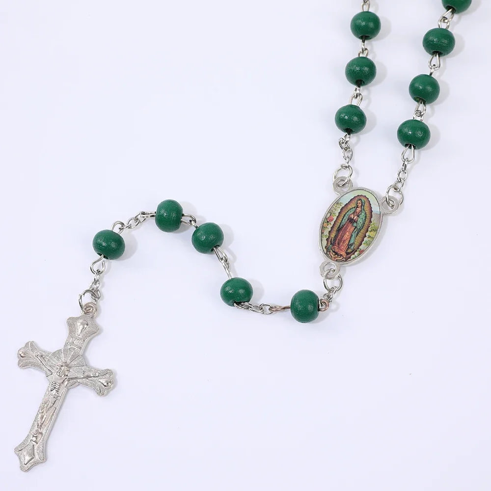 Colar de Rosário de Madeira para Mulheres e Homens, Pingente Religioso Virgem Maria Cruz, Cadeia de Contas Longas, Oração Católica, Jóias Festas, 6mm