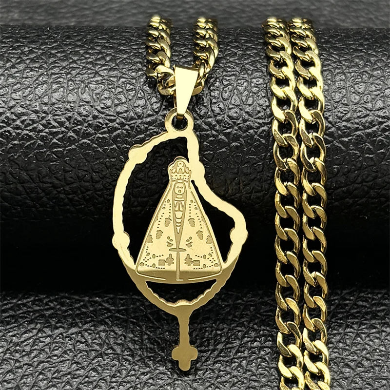 Colar Aparecida com Terço em Aço Inoxidável Dourado/Prateado